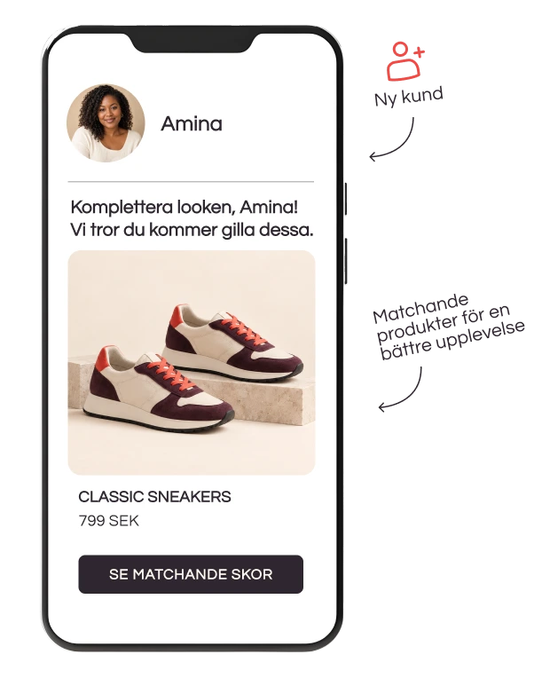 Amina, ny kund, får matchande produktförslag.